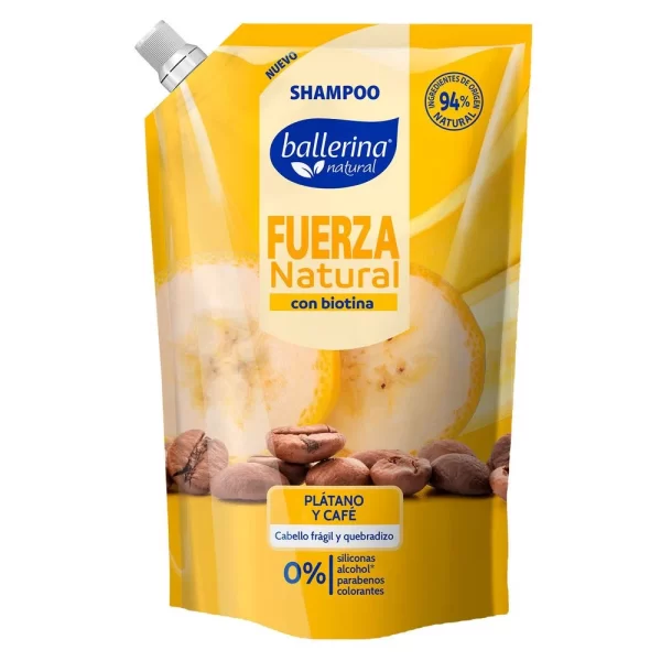 Recarga Shampoo Ballerina Líquido Fuerza Natural Cabello Frágil y Quebradizo Doypack Plátano y Café 750 ml